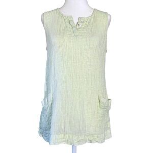 Pure J. Jill 100% Linen Gauzy Crinkled Sheer Henley Green Tank Top Blouse Medium